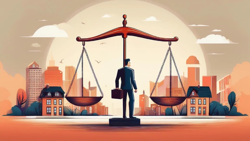 Illustration of a person holding a brief case looking at a scale with two homes on each side